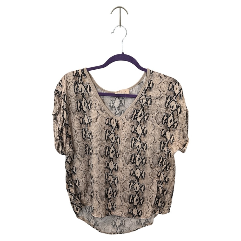 V-Neck Snake Print Blouse in Beige and Black